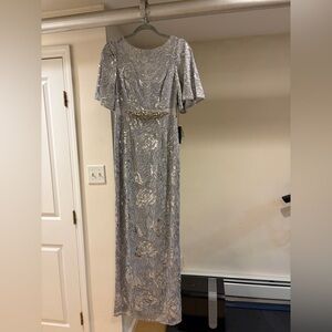 Adrianna Papell Silver Sequin Embroidered Dress